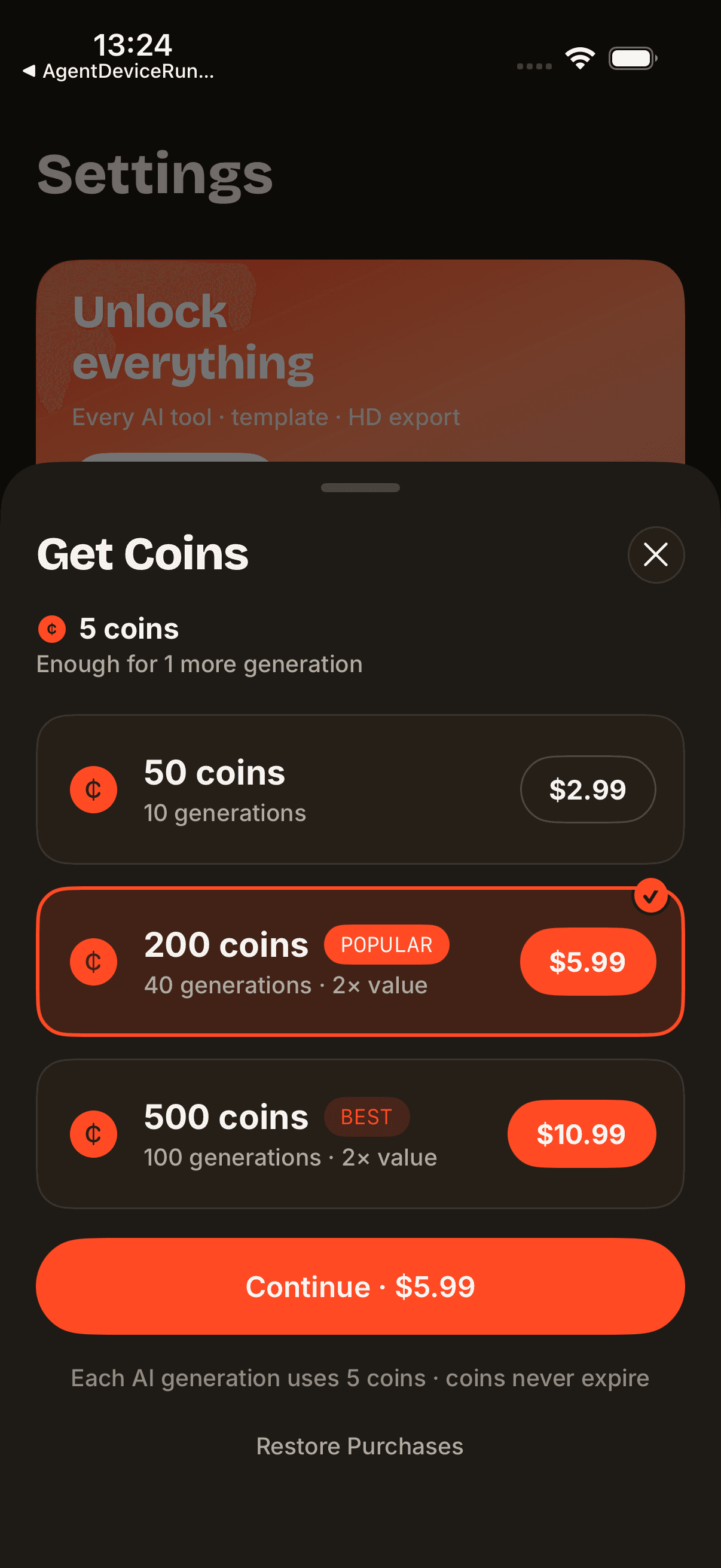 Brandly coin packs — 50, 200 and 500 coin options