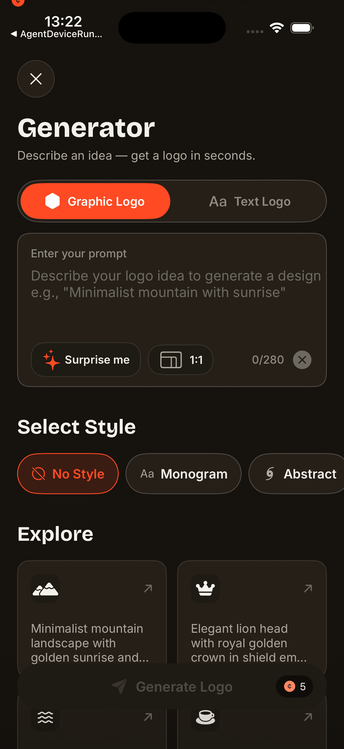Brandly AI logo generator — describe an idea, get a logo in seconds