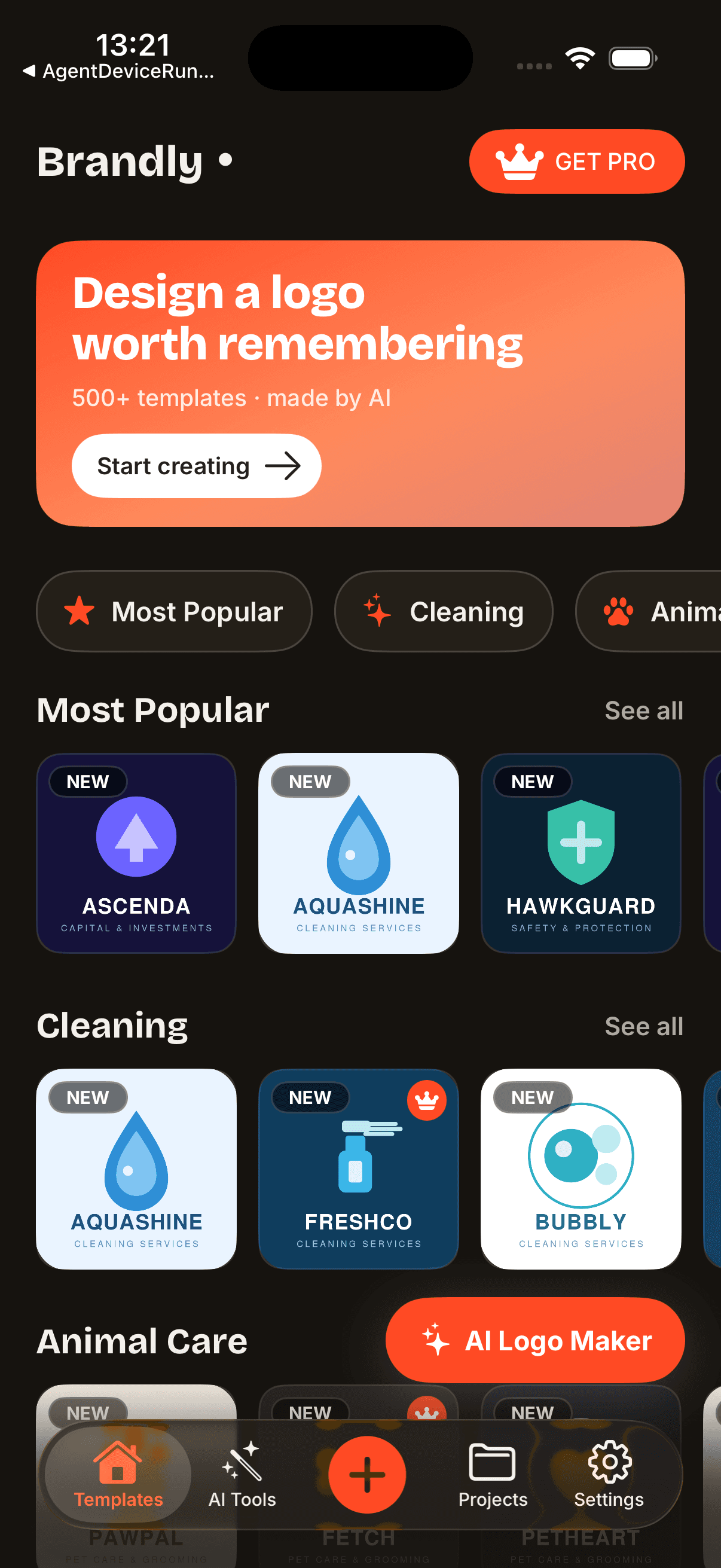 Brandly home screen with logo templates by industry