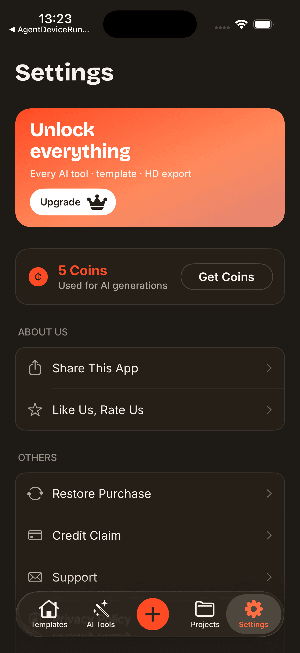 Brandly Settings screen, where you restore purchases and check the app version